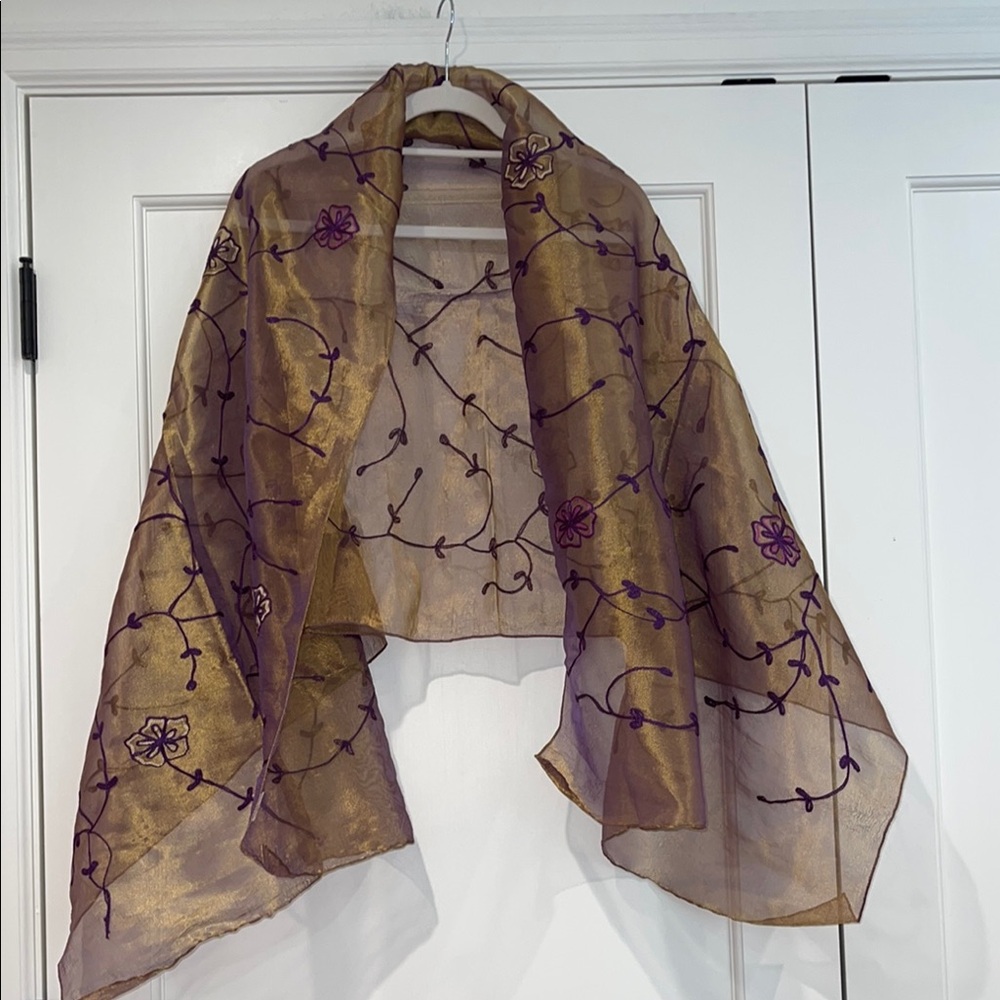 Gold/Bronze Metallic Shimmery Vintage Wrap with Purple Flowers